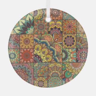Boho tiles: colorful patchwork seamless pattern glass ornament