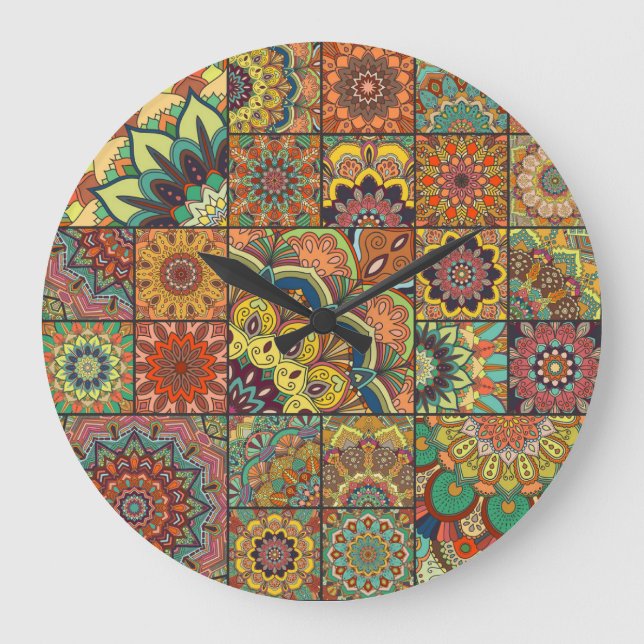 Boho tiles: colorful patchwork seamless pattern large clock (Front)