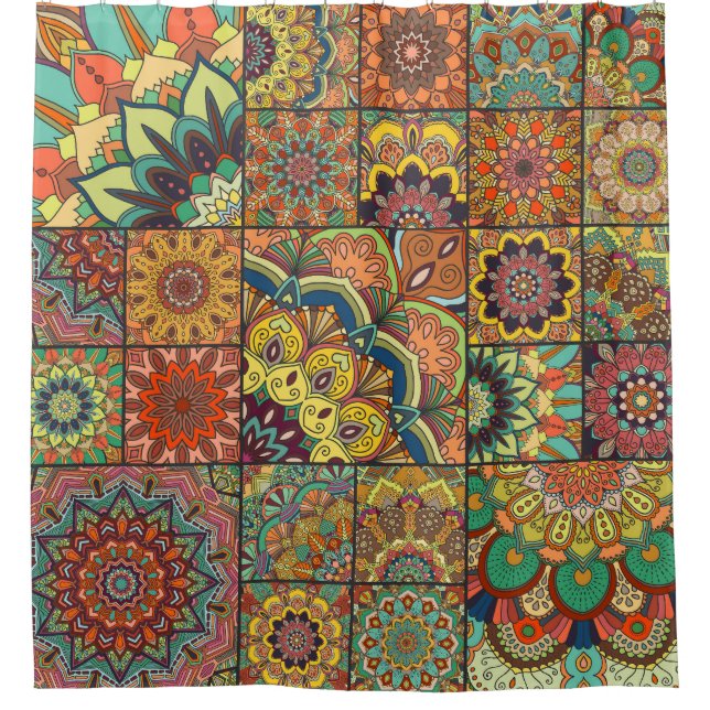 Boho tiles: colorful patchwork seamless pattern shower curtain (Front)