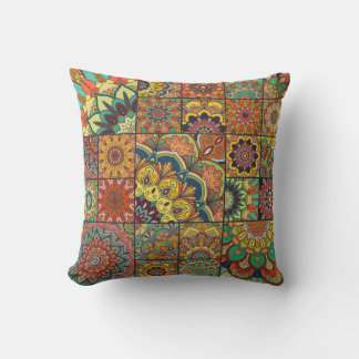 Boho tiles: colorful patchwork seamless pattern throw pillow