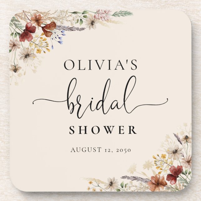 Boho Tiny Wildflower Bridal Shower Beverage Coaster (Front)