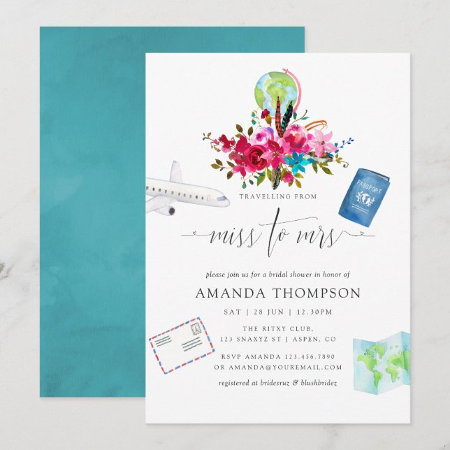 Boho Traveling From Miss To Mrs Bridal Shower Invitation (Front/Back)