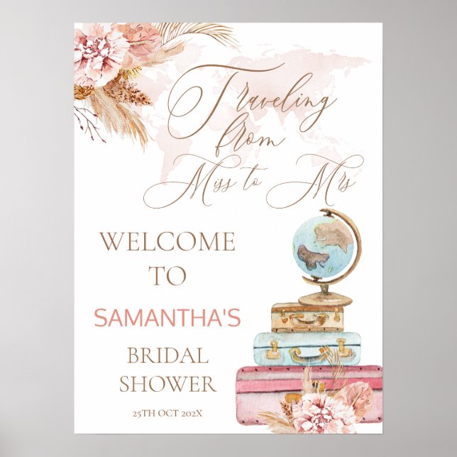 Boho Traveling Miss to Mrs Bridal Shower Welcome Poster (Front)