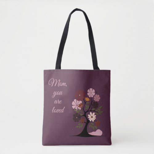 Boho tree for loved moms on purple background tote bag