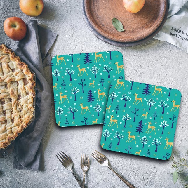 Boho Trees Gold Deers Modern Beverage Coaster (Creator Uploaded)