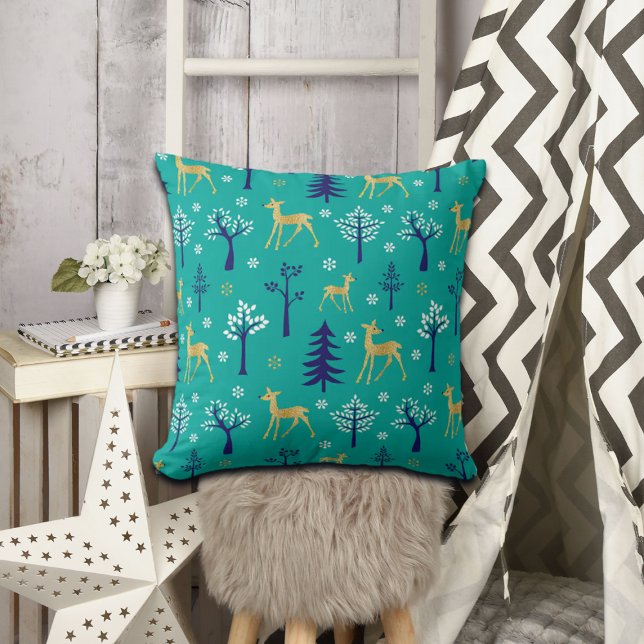 Boho Trees Gold Deers Modern Throw Pillow (Creator Uploaded)