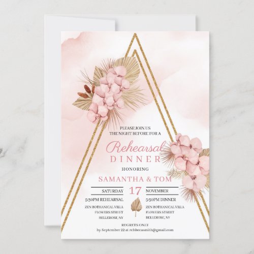 Boho Trendy Dried Palm Blush Orchid Rehearsal  Invitation