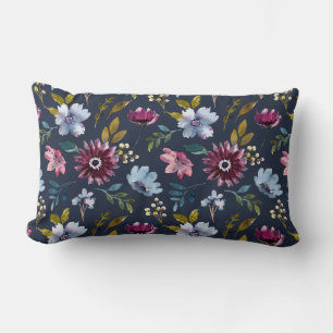 Boho trendy flower pattern navy blue elegant lumbar pillow