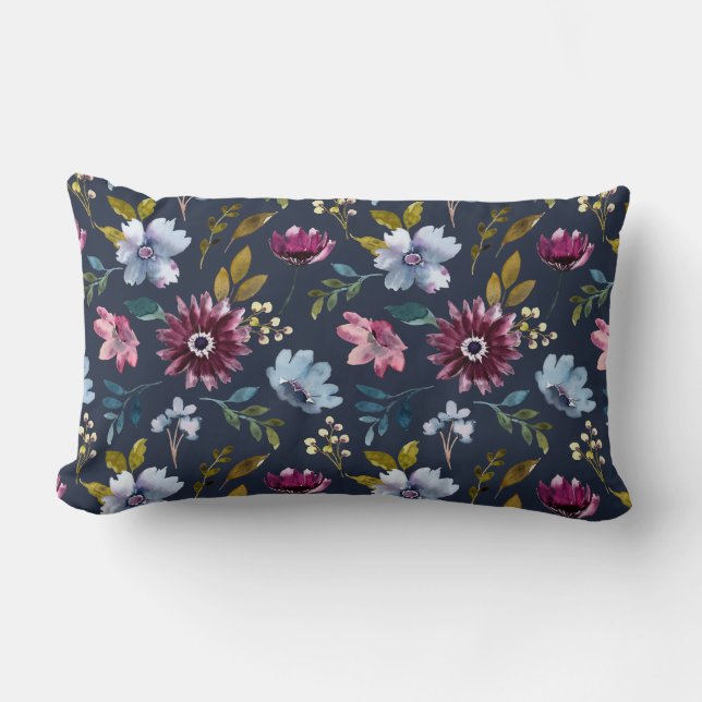 Boho trendy flower pattern navy blue elegant lumbar pillow (Front)