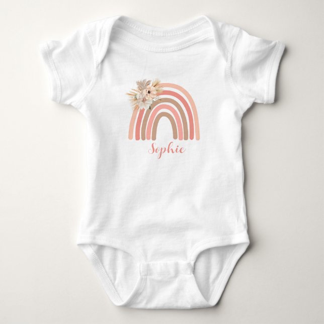 Boho Trendy Rainbow Pink Dried Flowers Baby Bodysuit (Front)