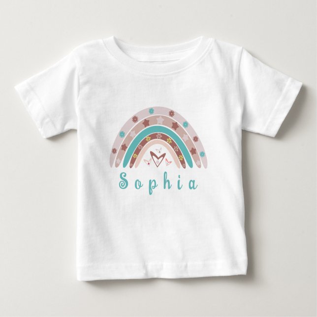Boho Trendy Rainbow with Personalized Name Baby T-Shirt (Front)