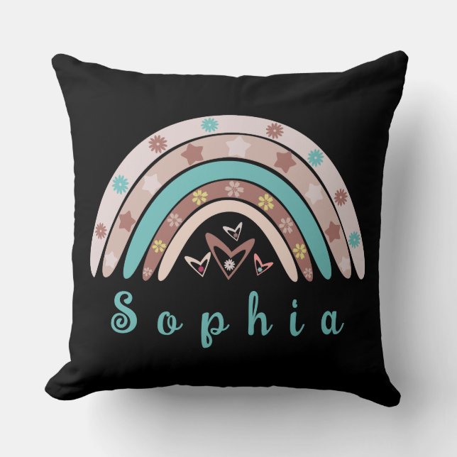 Boho Trendy Rainbow with Personalized Name Throw Pillow (Front)