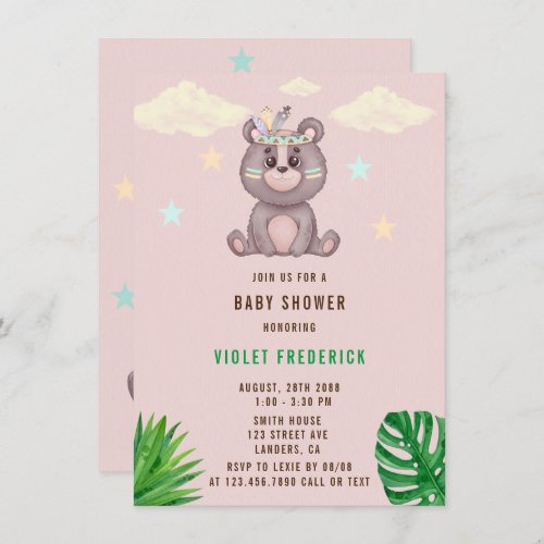 Boho Trendy Teddy Bear Feathers Baby Shower Invita Invitation