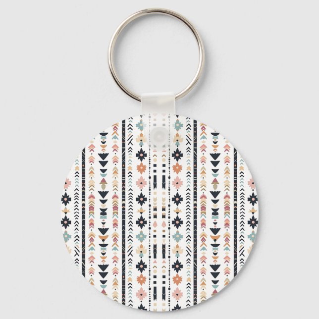 Boho Tribal Aztec Vertical Stripes Cream Rust Blue Keychain (Front)