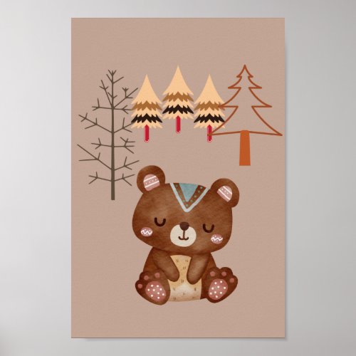 boho tribal bear in winter forest trees poster