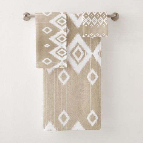 Boho Tribal Beige White Geometric  Bath Towel Set