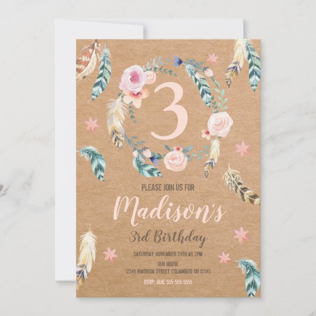Boho Tribal Birthday Invitation for a Girl ANY AGE (Front)