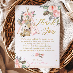 Boho Tribal Blush Floral Woodland Deer Baby Shower Thank You Card