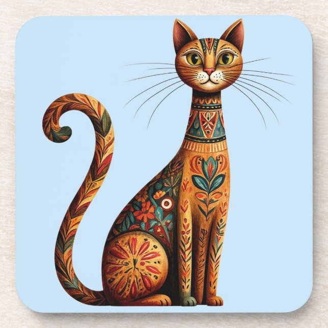 Boho Tribal Cat Cute Folk Art with Flowers Beverage Coaster (Front)