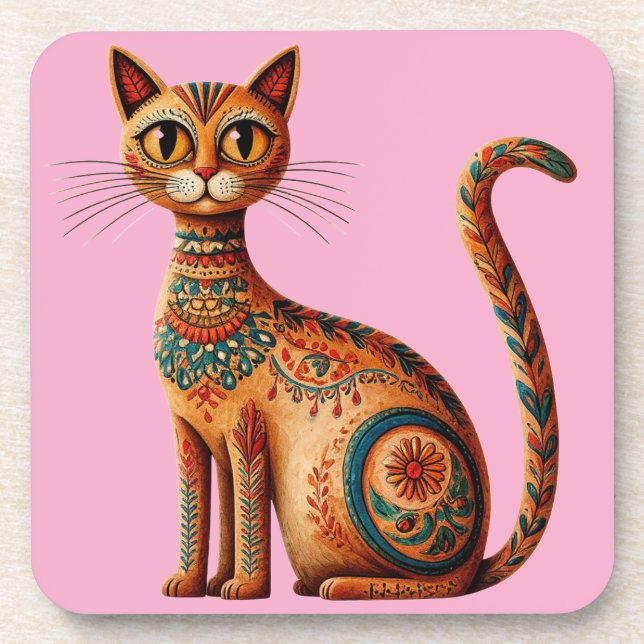 Boho Tribal Cat Cute Folk Art with Flowers Beverage Coaster (Front)
