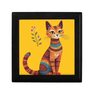 Boho Tribal Cat Cute Folk Art with Flowers Gift Box