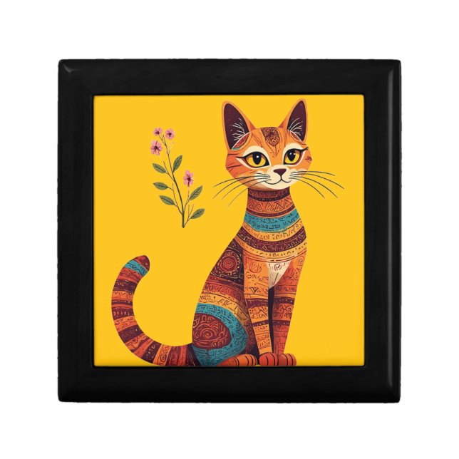 Boho Tribal Cat Cute Folk Art with Flowers Gift Box (Front)