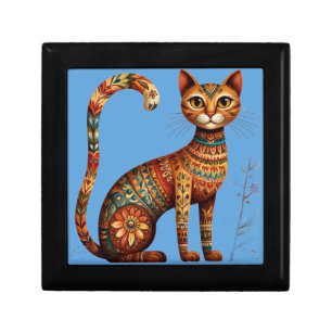 Boho Tribal Cat Cute Folk Art with Flowers Gift Box