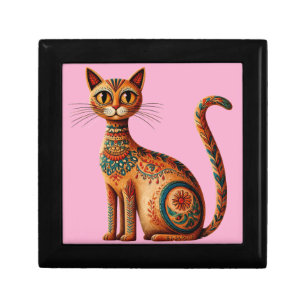 Boho Tribal Cat Cute Folk Art with Flowers Gift Box