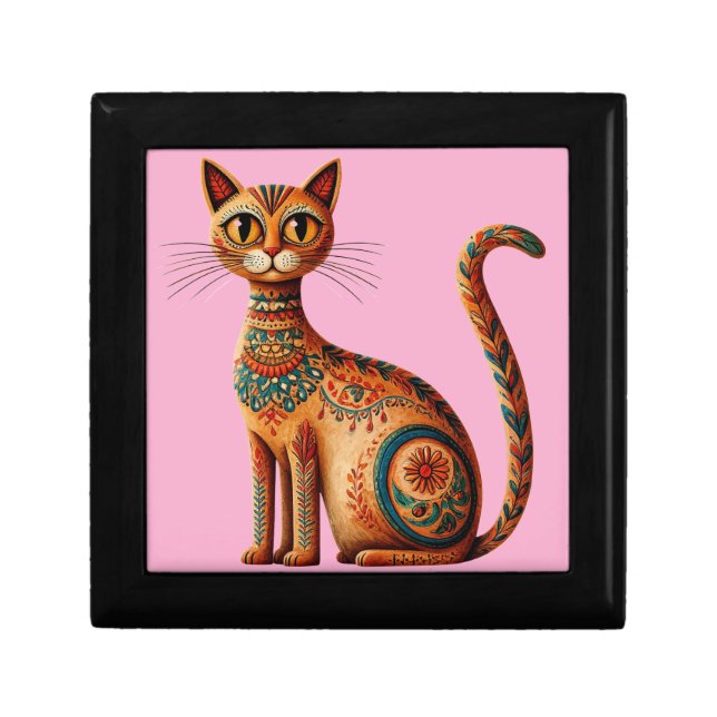 Boho Tribal Cat Cute Folk Art with Flowers Gift Box (Front)
