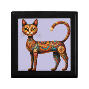 Boho Tribal Cat Cute Folk Art with Flowers Gift Box