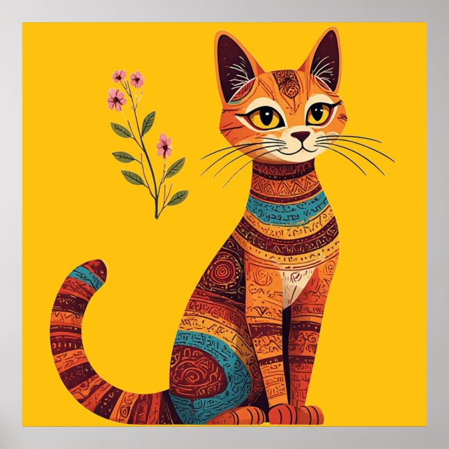 Boho Tribal Cat Cute Folk Art with Flowers Poster (Front)