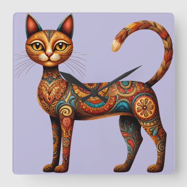 Boho Tribal Cat Cute Folk Art with Flowers Square Wall Clock (Front)