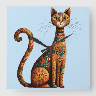 Boho Tribal Cat Cute Folk Art with Flowers Square Wall Clock