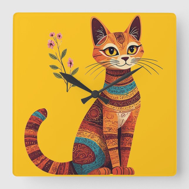Boho Tribal Cat Cute Folk Art with Flowers Square Wall Clock (Front)