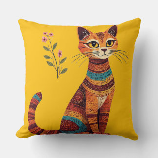 Boho Tribal Cat Cute Folk Art with Flowers Throw Pillow