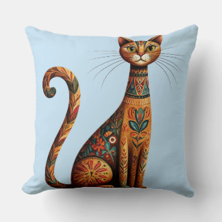 Boho Tribal Cat Cute Folk Art with Flowers Throw Pillow