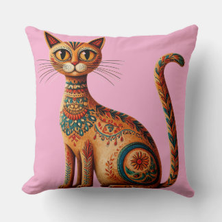 Boho Tribal Cat Cute Folk Art with Flowers Throw Pillow