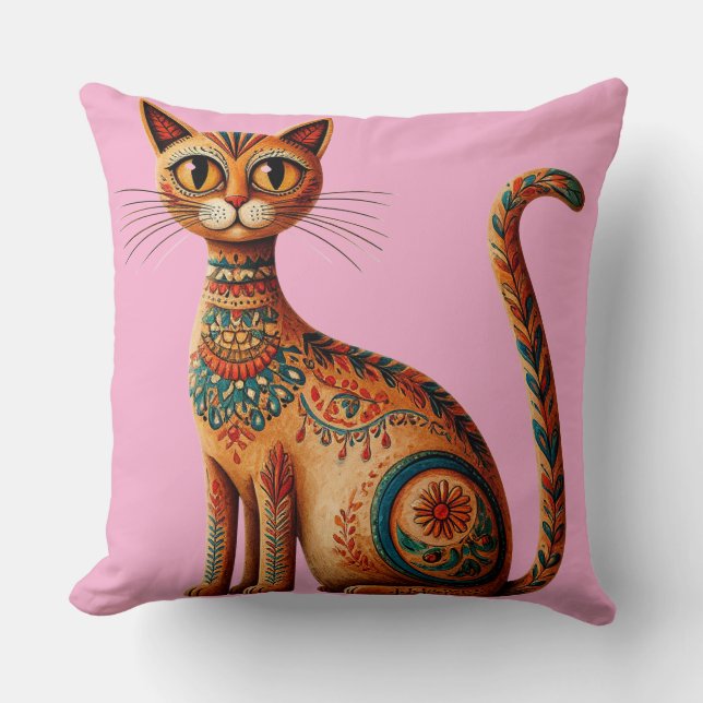 Boho Tribal Cat Cute Folk Art with Flowers Throw Pillow (Front)