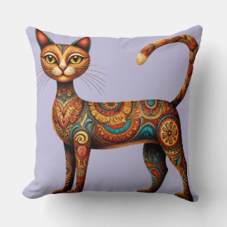 Boho Tribal Cat Cute Folk Art with Flowers Throw Pillow