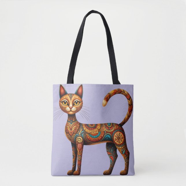 Boho Tribal Cat Cute Folk Art with Flowers Tote Bag (Front)
