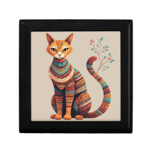 Boho Tribal Cat Illustration Cute Folk Art Design Gift Box