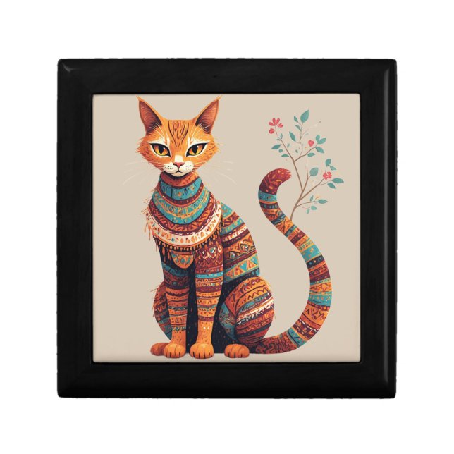 Boho Tribal Cat Illustration Cute Folk Art Design Gift Box (Front)