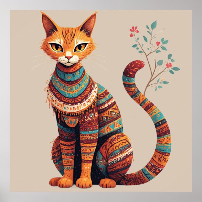 Boho Tribal Cat Illustration Cute Folk Art Design Poster (Front)