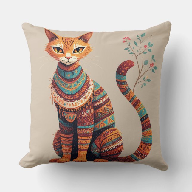 Boho Tribal Cat Illustration Cute Folk Art Design Throw Pillow (Front)