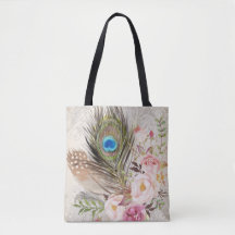 Boho Tribal Chic Peacock Feather & Roses Tote Bag