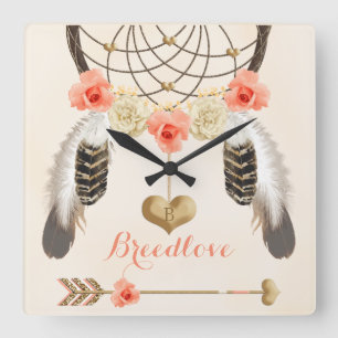 Boho Tribal Clock with Dreamcatcher and Feathers