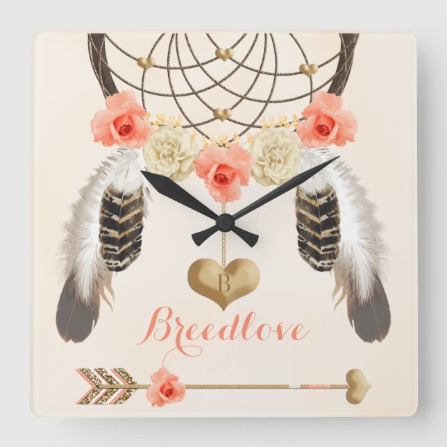 Boho Tribal Clock with Dreamcatcher and Feathers (Front)