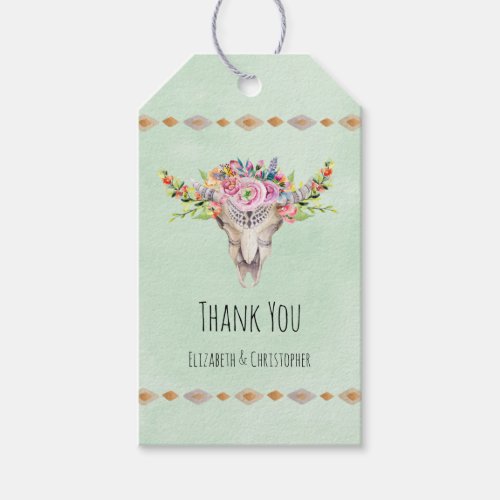 Boho Tribal Cow Skull Floral Thank You Gift Tags