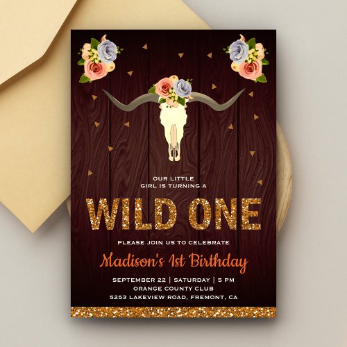 Boho Tribal Cow Skull Girls Wild One 1st Birthday Invitation