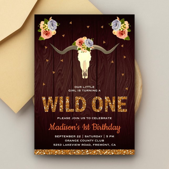 Boho Tribal Cow Skull Girls Wild One 1st Birthday Invitation (Creator Uploaded)